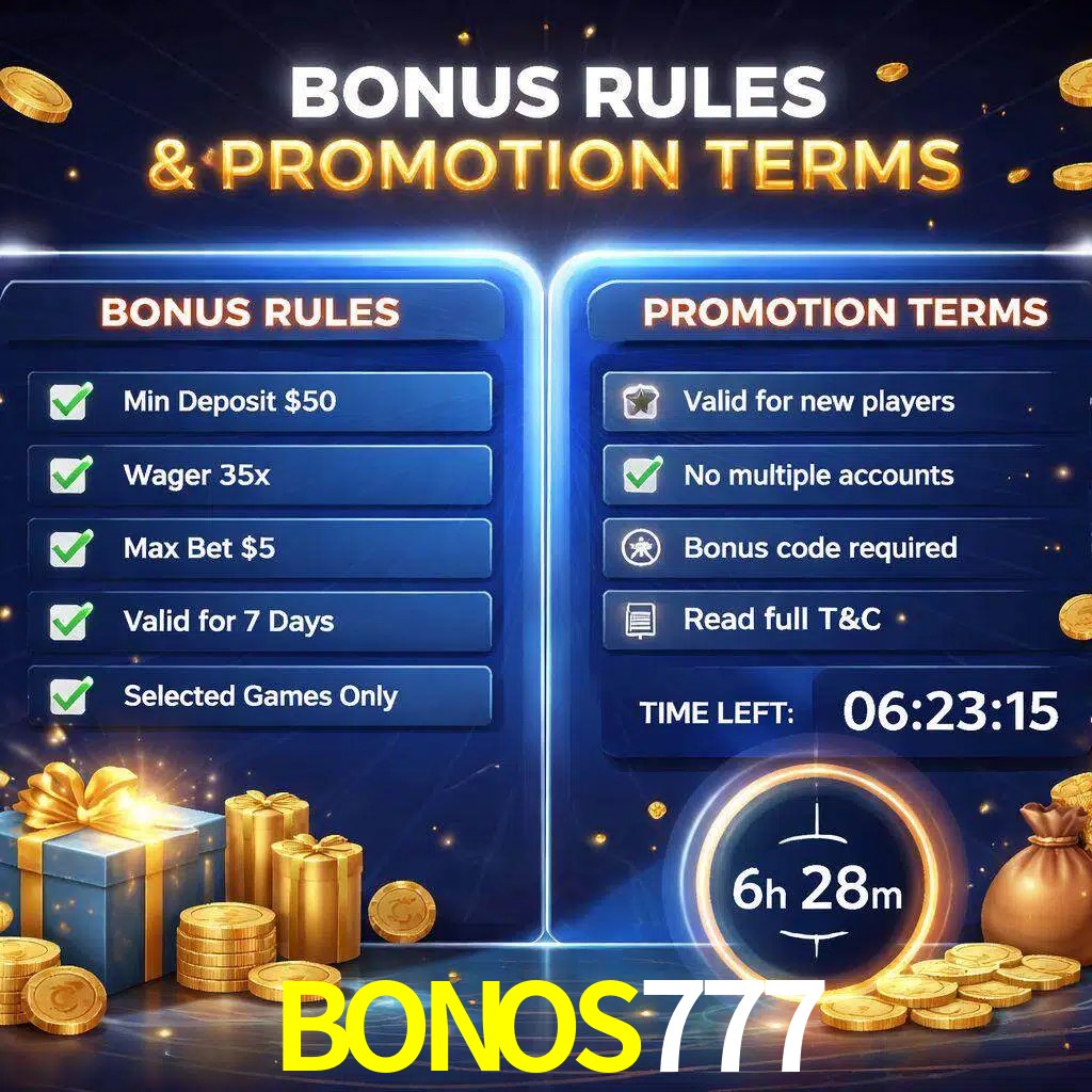 Reglas de promoción BONOS777 y condiciones de bonos explicadas visualmente