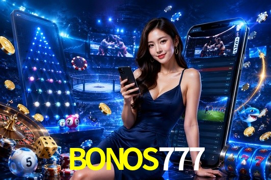 Una escena digital vívida inspirada en casino con BONOS777 mostrado prominentemente, luces brillantes, fichas, cartas y acentos dorados.