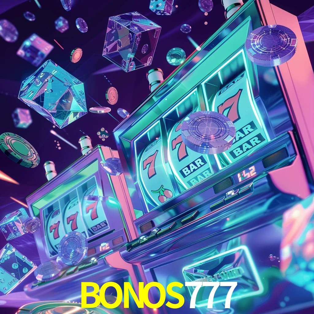 Escena dinámica inspirada en casino con iluminación BONOS777, cartas, fichas e íconos de juegos digitales en un espacio moderno de juegos.