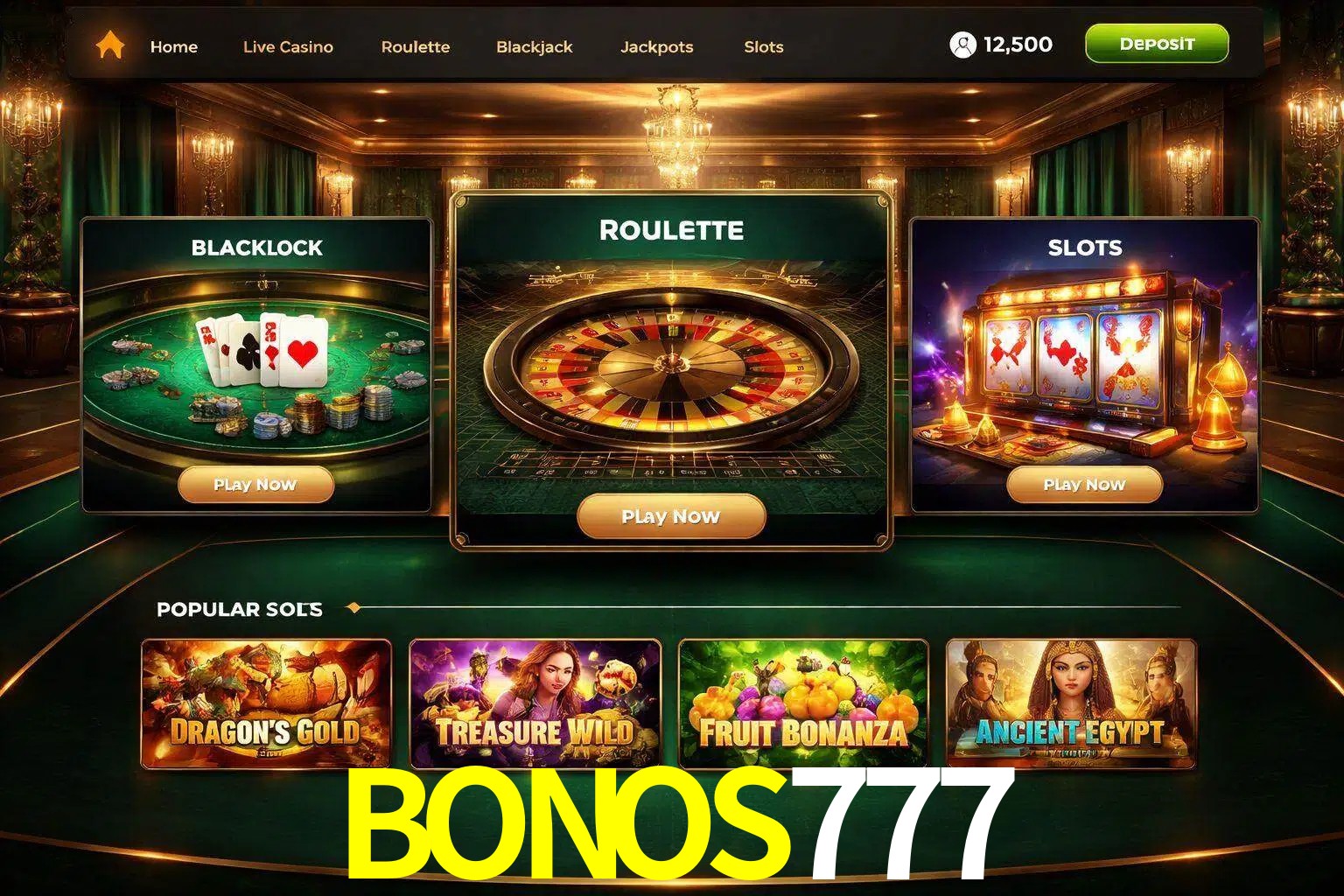 Vista de la plataforma BONOS777 Casino mostrando categorías organizadas de juegos en línea