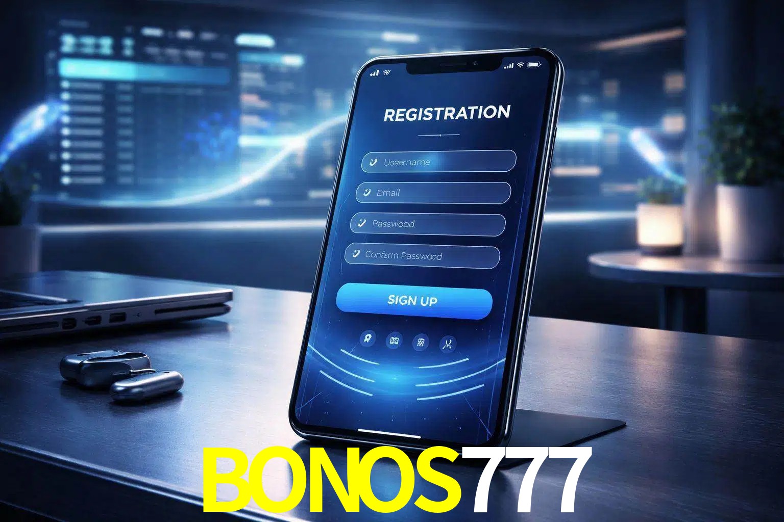 Una interfaz moderna de registro móvil para BONOS777 mostrada en un smartphone con un panel de apuestas elegante.